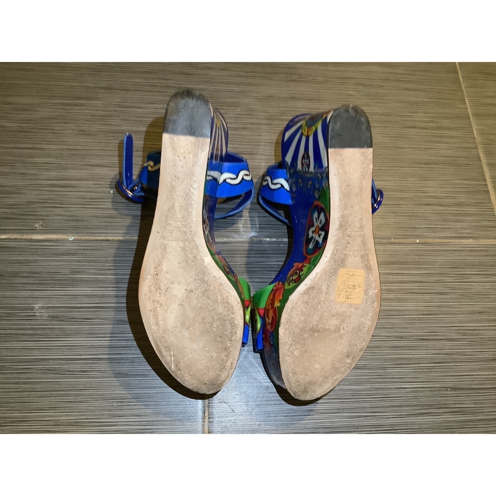 Dolce & Gabbana Carretto Siciliano Print Wedge‎ Sandals Blue Patent Leather 37 - Picture 6 of 6